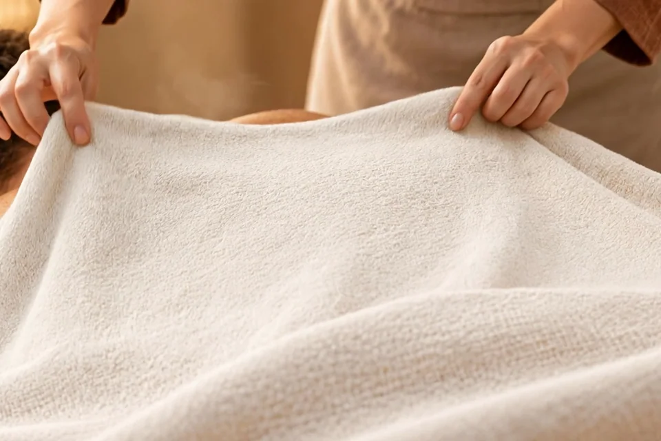 A close detail of a plush white therapy towel, from the illustrative spa film.