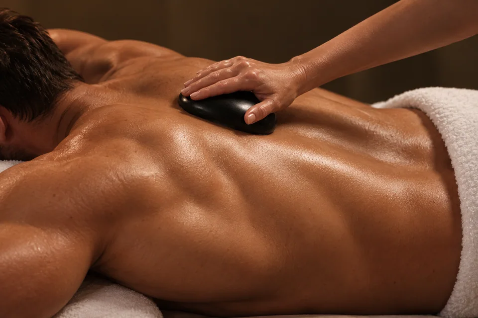 A therapist guides a rounded black stone along a muscular client’s back during tuina therapy.